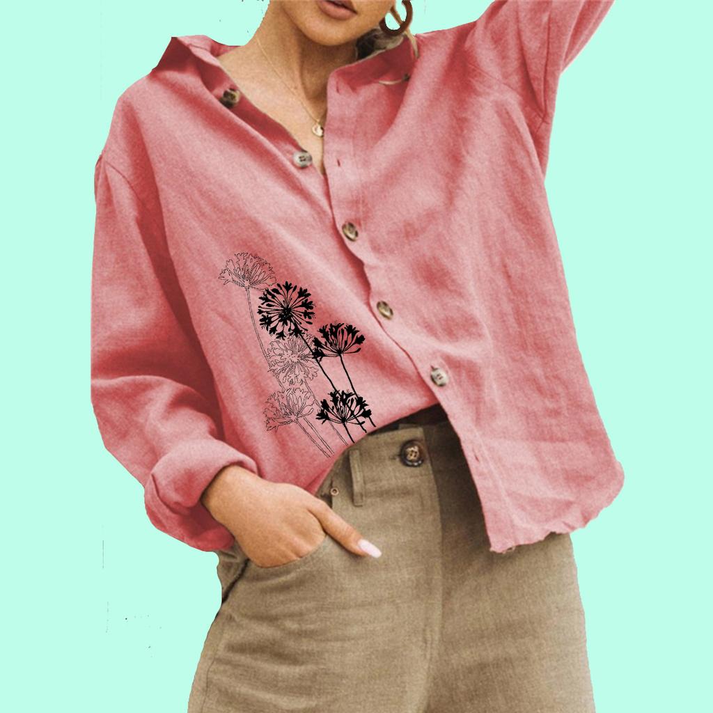 Women Fashion Cotton Linen Blouse Ladies Floral Print Top Casual Buttoned Long Sleeved Shirt