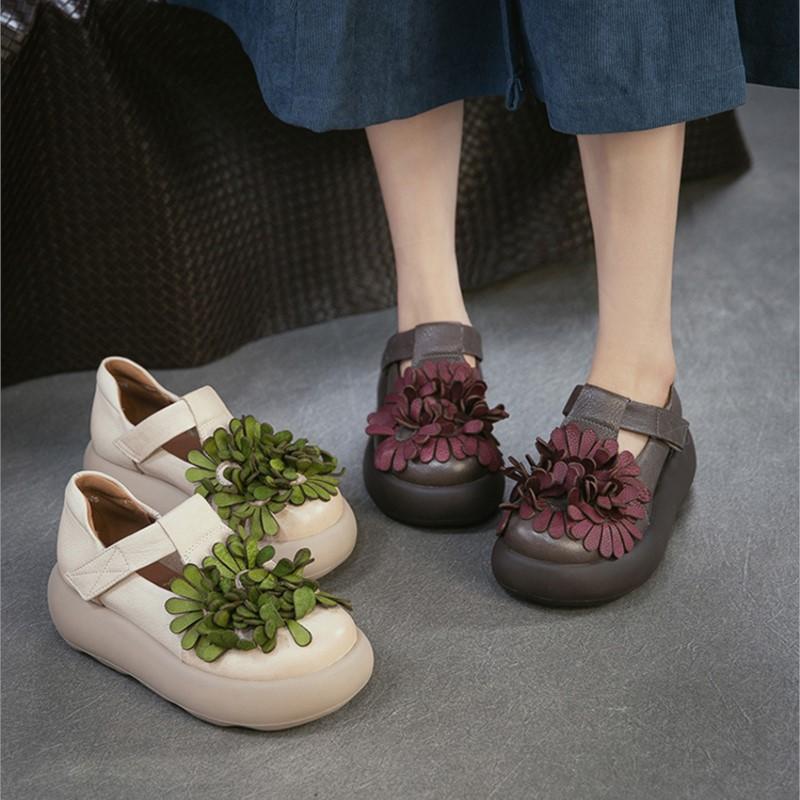 Johnature Ethnic Style Flower Thick Soled Sandals Genuine Leather Versatile Women's Platform Shoes