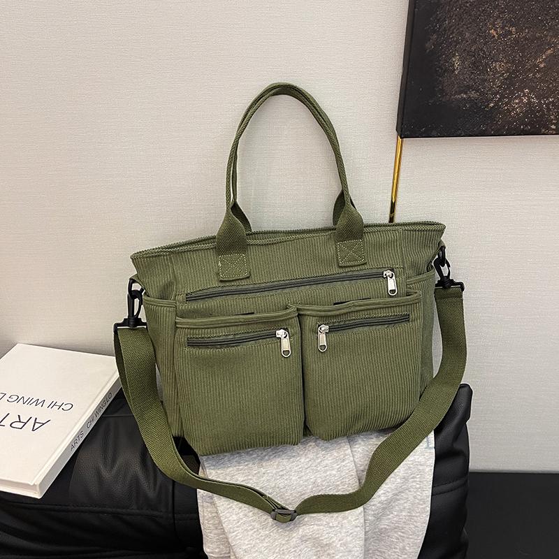 Large Capacity Corduroy Shoulder Bag for Women – Multi-Pocket Tote with Zipper Compartments and Stylish Design