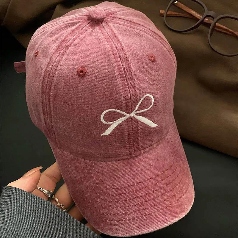 Korean Bow Baseball Caps for Women Retro Washed Cotton Adjustable Duck Tongue Caps Sweet Girl Outdoor Casual Sun Visor Hats