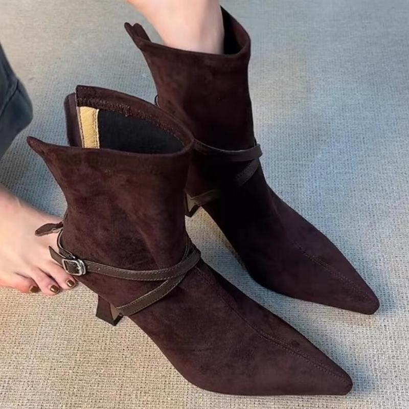 High Heel Back Zipper Women's Scrub Belt Buckle Pointed Toe Temperament Booties Vintage Slim Follower Single Boots