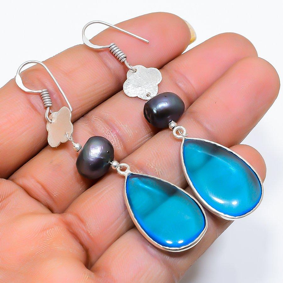 

Swiss Blue Topaz, Pearl Gemstone 925 Sterling Silver Jewelry Earring 2.56 GK-5167