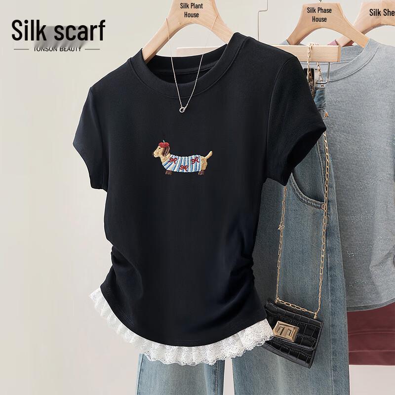 Women s Cartoon Embroidered Lace Patchwork T-Shirt L