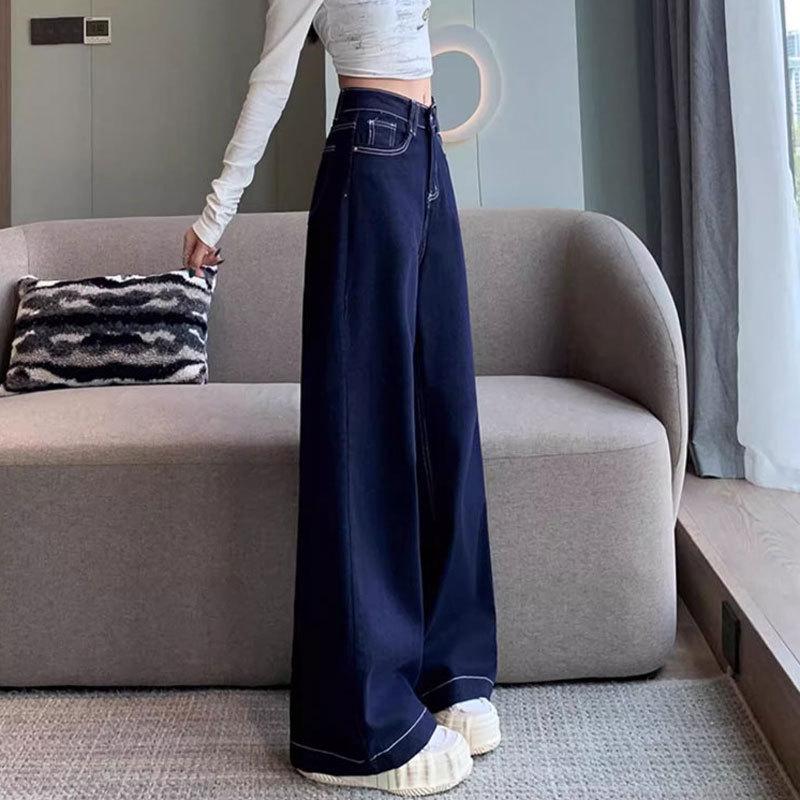Women's High-Waist Straight-Leg Jeans with Leather Patch - Blue Wide-Leg, Floor-Length Denim for Autumn and Winter.