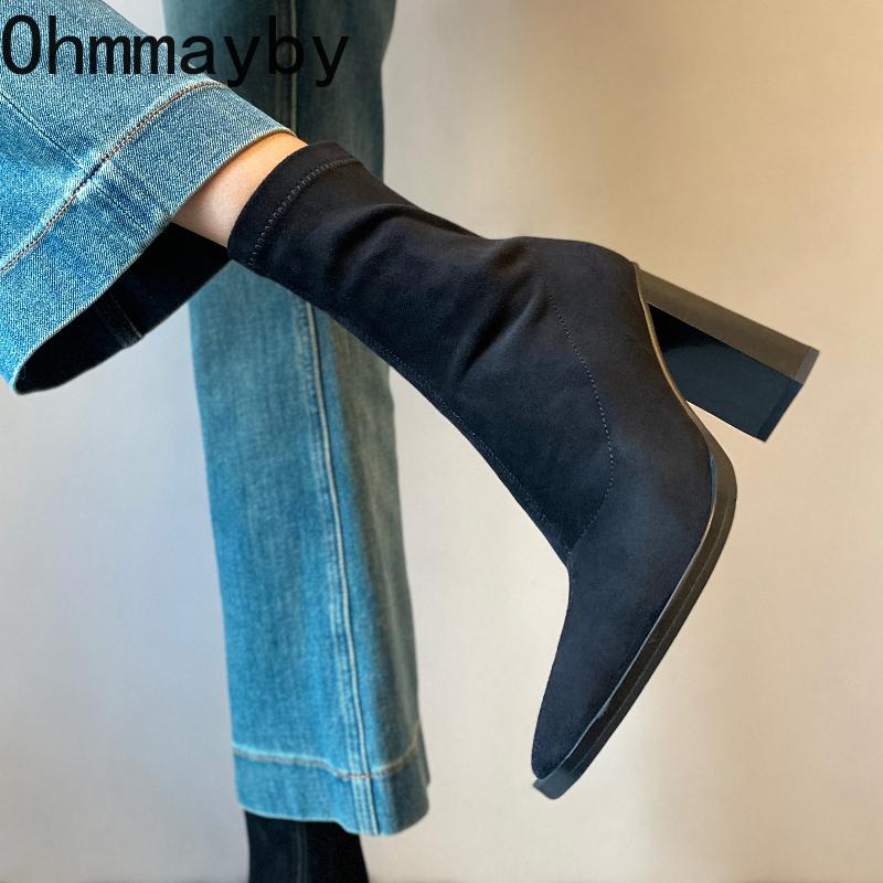 Winter Street Style Eckige Zehen Damen Stiefeletten Prägnante Dicke Absätze Schuhe Weiblich Vintage Kurze Stiefeletten De Muje