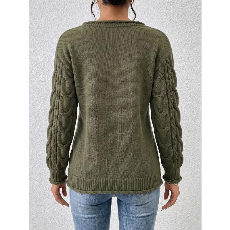 Women Casual Loose Off Shoulder Long Sleeve Cable Knit Pullover Sweater