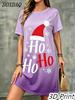 Fashion Elegant Christmas Printed Dress For Women Short Sleeve O-Neck Christmas Hat Letter Pattern Loose Mini Dress Casual Femme