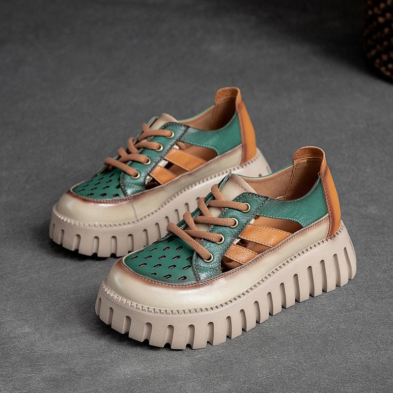 Johnature Thick Sole Mixed Colors Genuine Leather Retro Sandals Roman Style Lace-up Women's Flat Platform Shoes