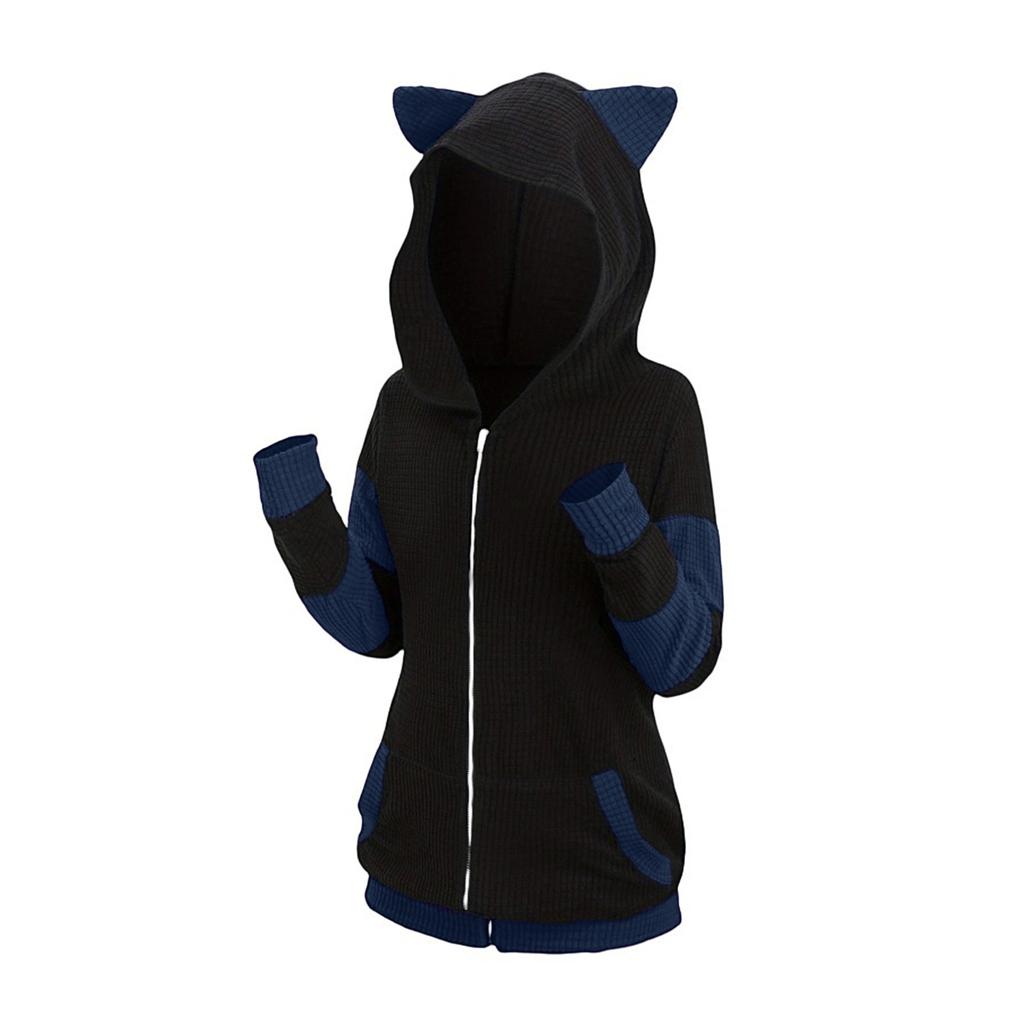 European & American Fall/Winter Hoodie - Thickened Ears Mid-Length Color-Block Hooded Cross-Border Sweatshirt