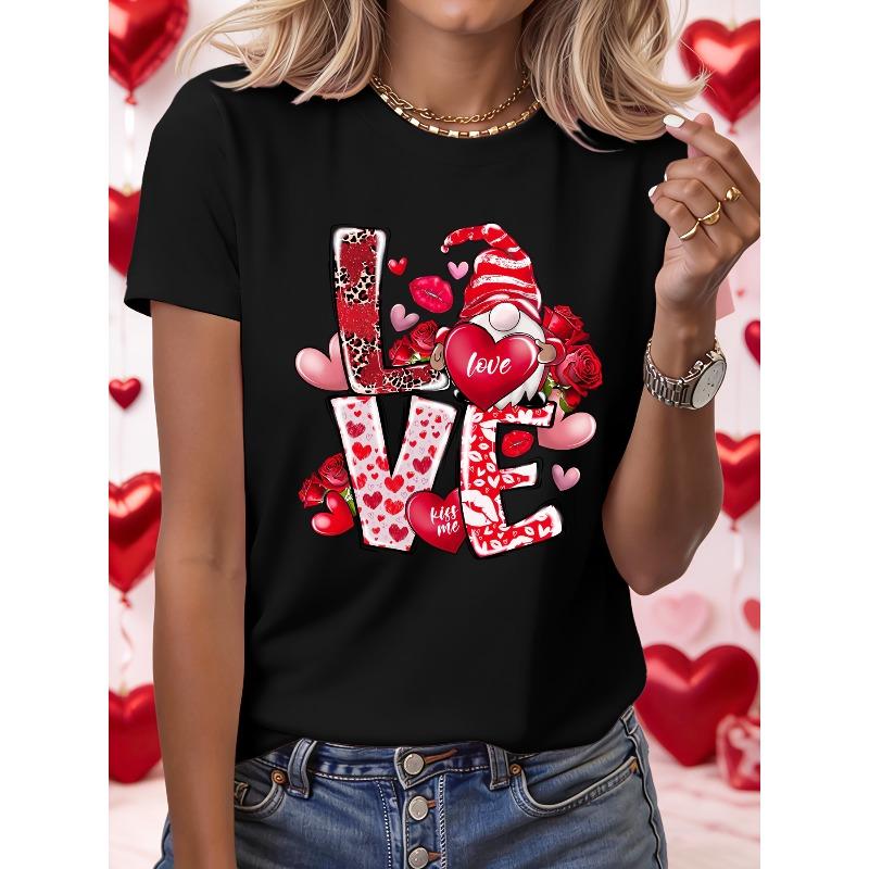 European Size LOVE Print T-shirt, Short Sleeve Crew Neck Casual Top for Summer & Spring, Women's Clothing