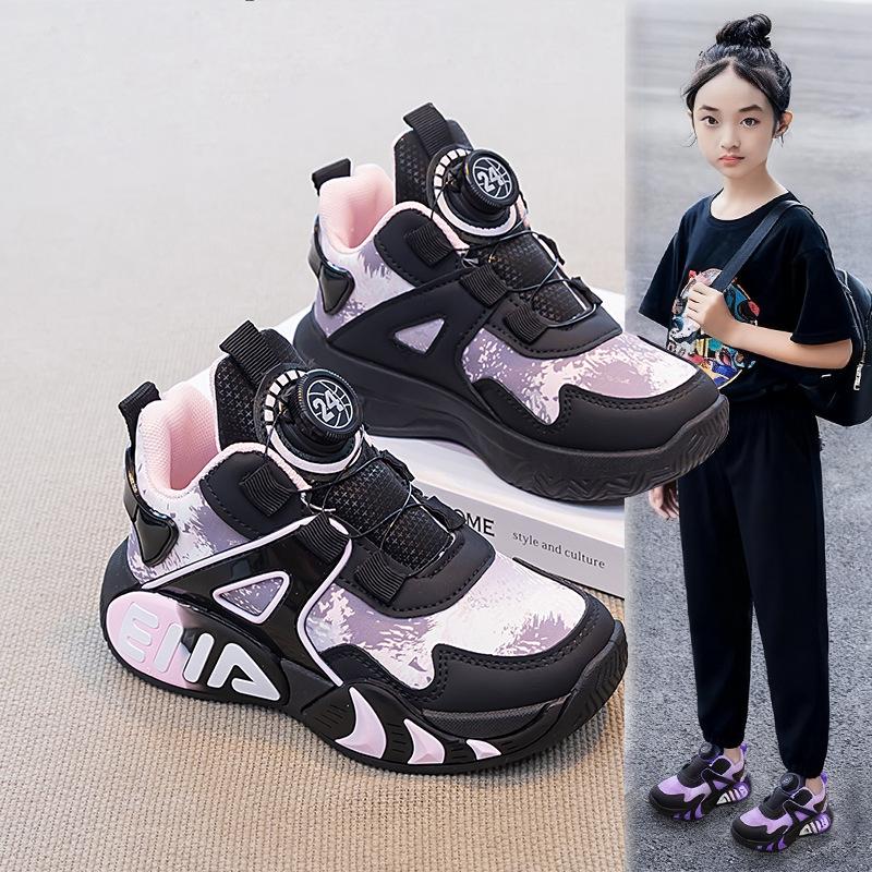 Rotating button girls shoes autumn new children's basketball shoes sports older boys velvet cotton shoes tide