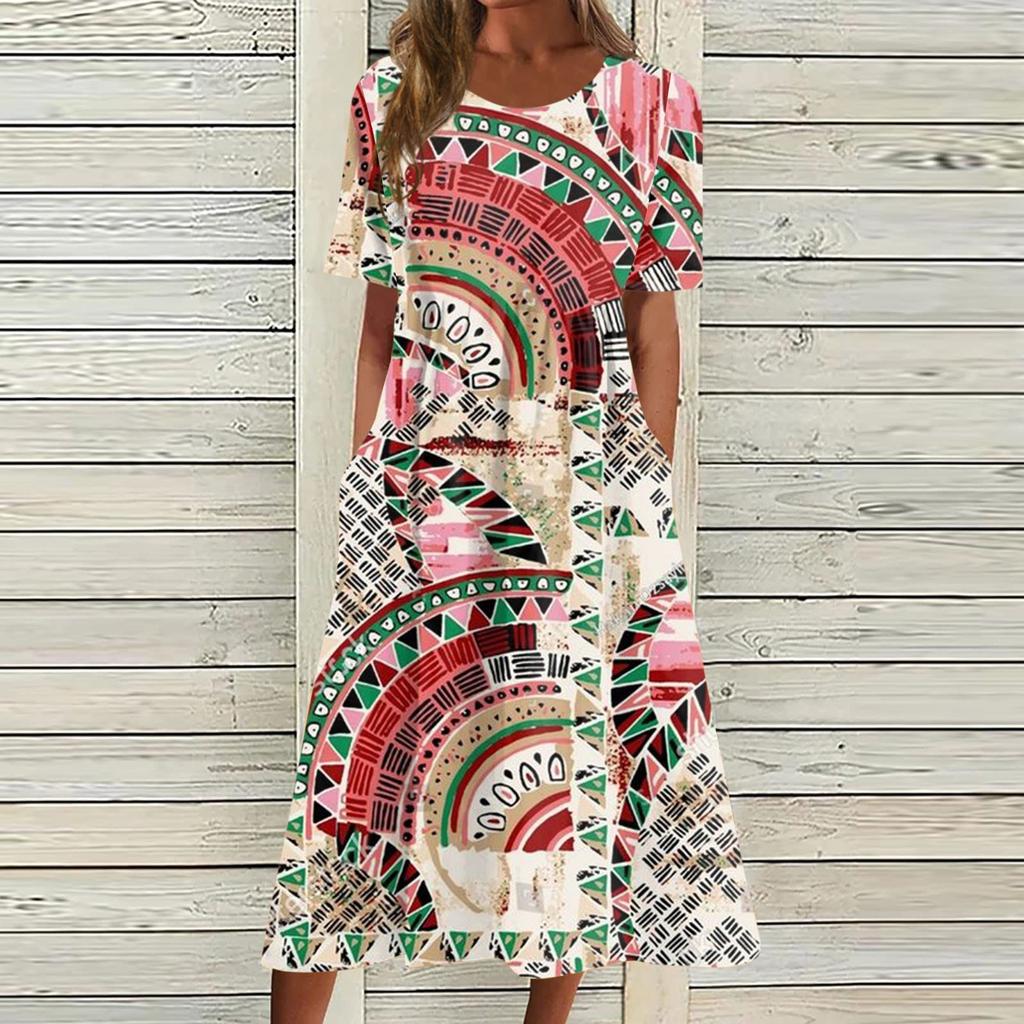 Damen-Freizeitkleider, bedruckte Kleider, Sommerkleider, bedruckt, plissiert, Rundhals-Midi-Kleider, Basic, klassisch, Outdoor, täglich, kurzärmelig, lockere Kleider