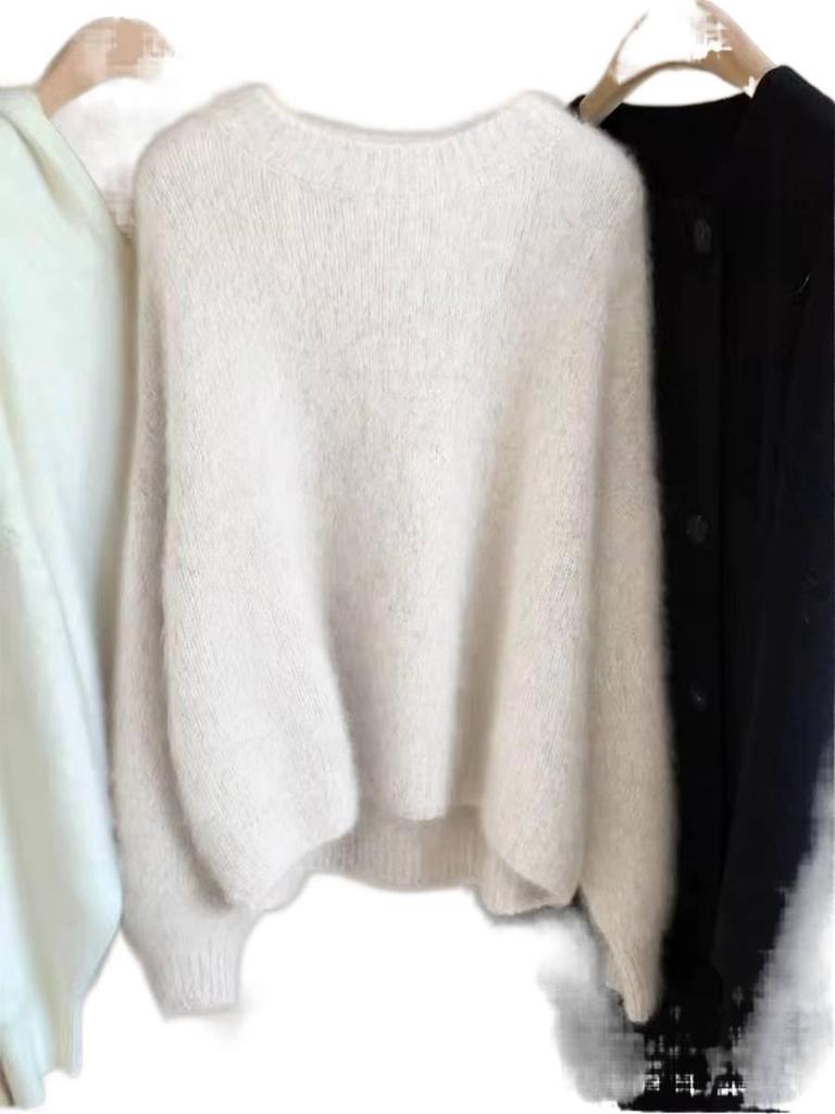 Women's Soft Wool-Cashmere Round Neck Loose Knit Sweater Cardigan