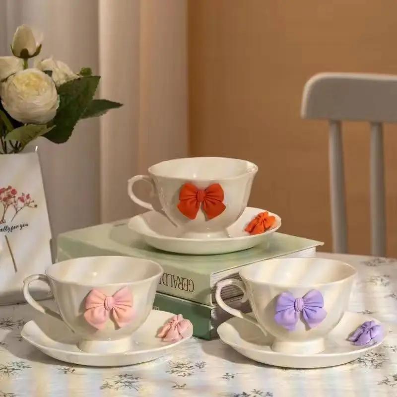 Keramický šálek na kávu s mašlí a podšálkem, Vynikající dívčí odpolední čaj, Káva Latte, Šálek na Latte, Domácí snídaně, Hrnček na mléčný nápoj, Narozeninový dárek