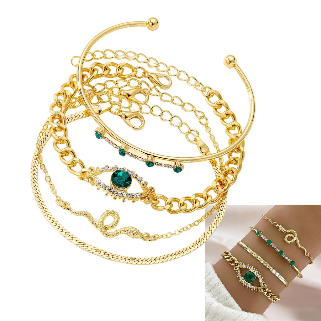 4Pcs Vintage Green Zircon Snake Designs Wrist Chain Metal Bracelet Set Open Cuff Bangles Party Jewelry for Women