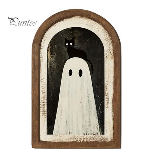 Cute Ghost Arch Shaped Sign Halloween Wall Decor, Table Sign, Vintage Framed Fall Season Decorative Accent Picture, Art for Mantel Living Room Bedroom