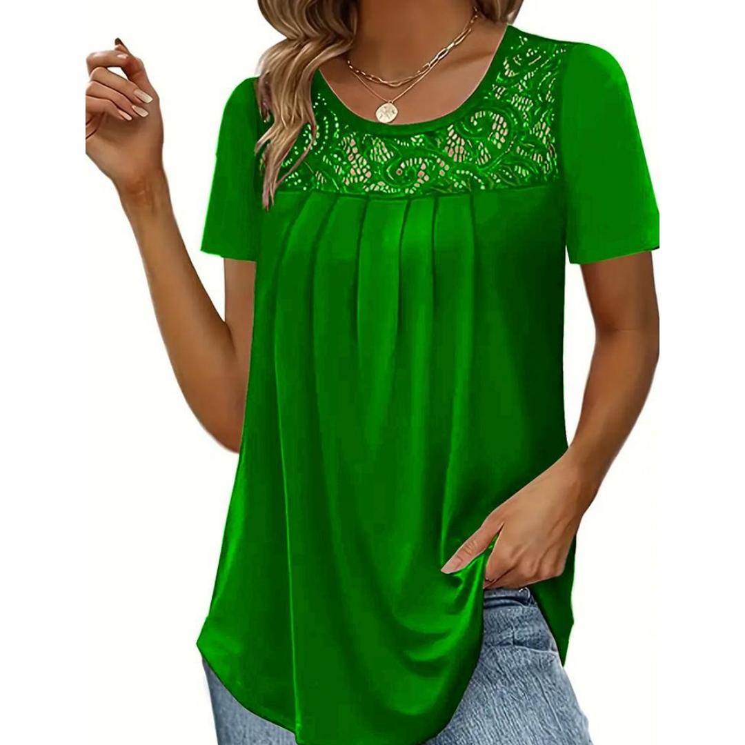 

Модные женские летние однотонные футболки с кружевным декором и U-образным вырезом с коротким рукавом, свободные пуловеры, топ 5XL зелёный