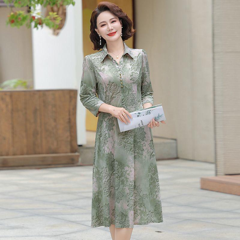 Women's Pink Floral Print 3/4 Sleeve Shirt Collar Midi Dress With Pockets