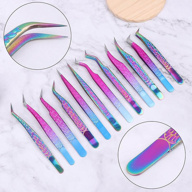 Tweezers For Eyelash Extension Colorful Stainless Steel Superhard Tweezers High Precision Anti-Static Makeup Tweezers