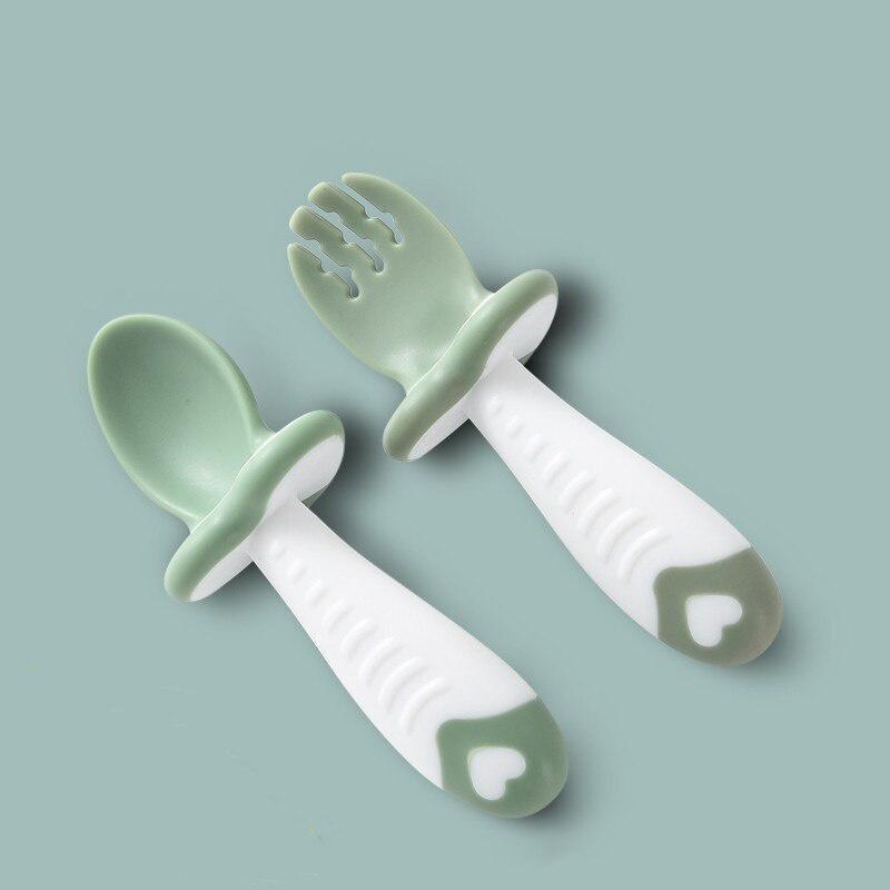 Baby Spoon Fork Silicone Children's Cutlery Set Feeding Baby Tableware Learn Spoon Set Short Easy Spoon