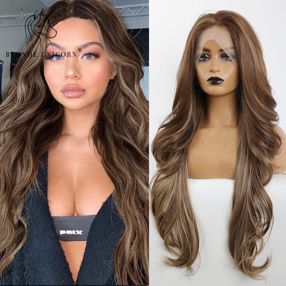 BLONDE UNICORN Krajková část Syntetická Dlouhá vlnitá paruka Hnědé kořenové Ombre Blond vlasy Paruky pro černé bílé ženy Denní vlasy