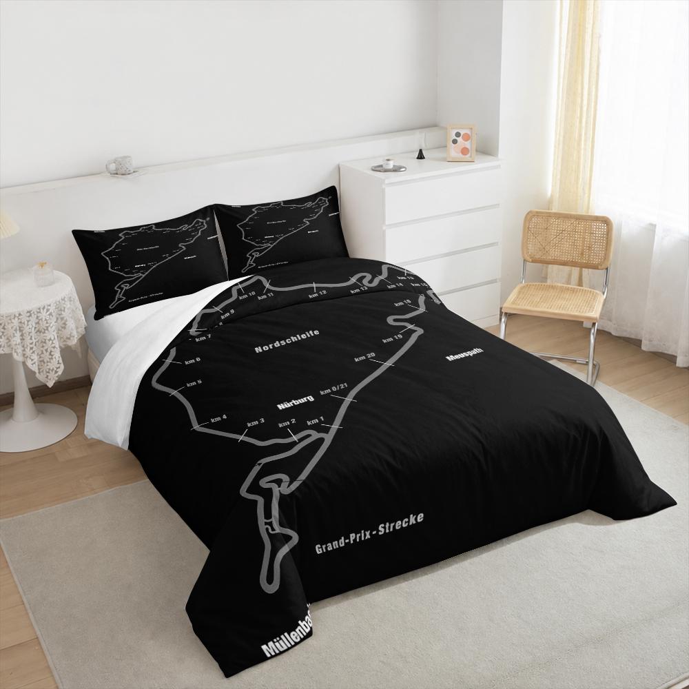 Nurburgring Nordschleife Km Marker Map Bedding set (1 duvet cover, 2 pillowcases, duvet not included), Black Grey Circuit Diagram Art Print