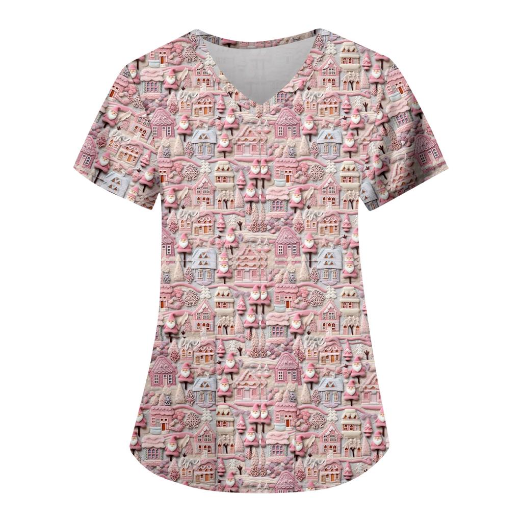 Damska Modna Codzienna Koszulka z Kieszenią i Świątecznym Nadrukiem