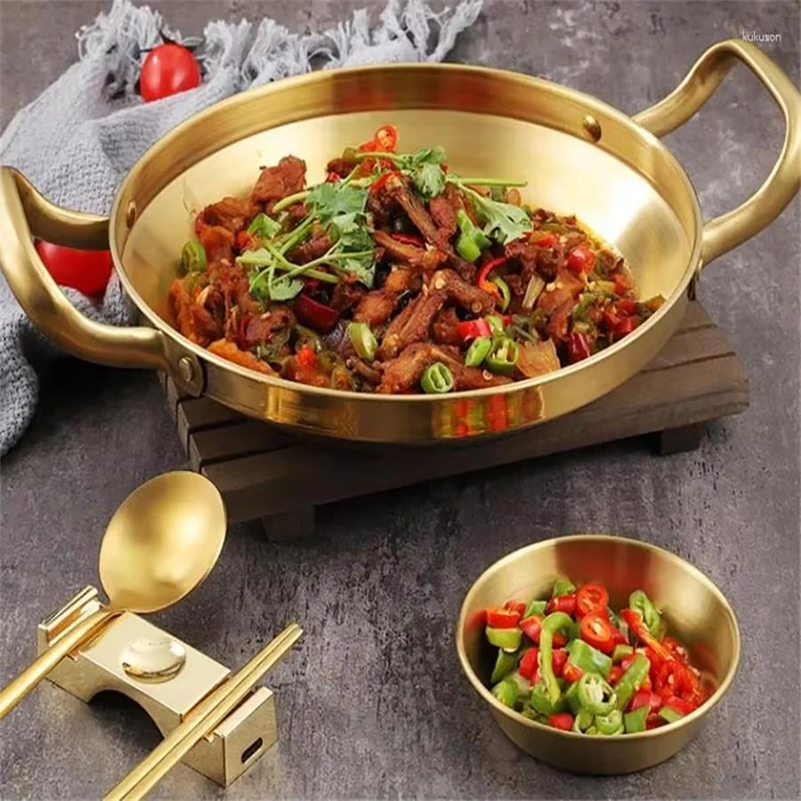 Handle Frying Pan Stainless Steel Paella Pan with Gold Handle Cooking Pot Seafood Rice Pans Non Stick  Skillet Kitchen Cookware