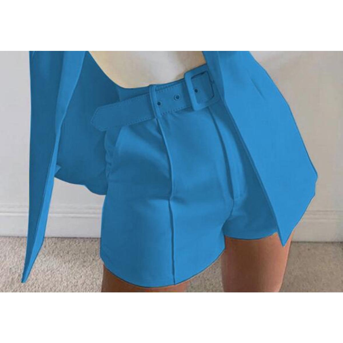 Women s Slim Fit Two Piece Suit Lapel Long Sleeve Blazer High Waist Belted Short Co-ord Outfit Set S