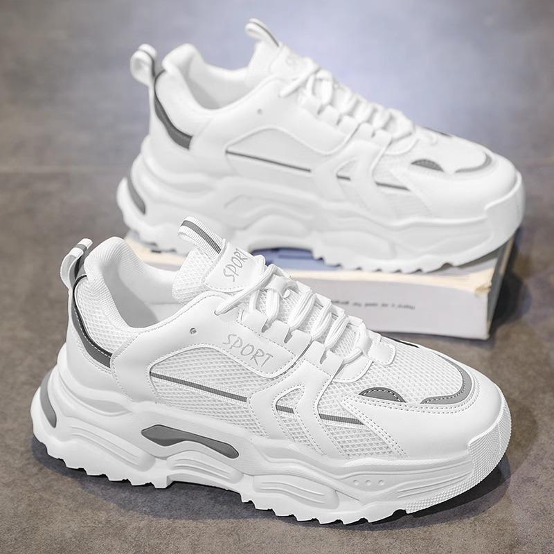 White Mesh Height-Increasing Men's Sneakers - Thick-Soled Casual Running Shoes for Autumn/Winter 2025