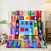 The pattern consists of letters, numbers, shapes, and corresponding images. for all seasons blanket lunch break throw gift