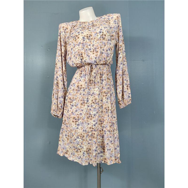 

Export Single H Home Autumn New Arrival Fashion All-Matching Exquisite Print Long Sleeves Lace-up Waist-Controlled Short round Neck Dress Purple flower color XS
