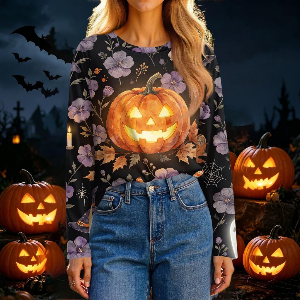 Women's Casual Long Sleeve Halloween Print Round Neck T-Shirt