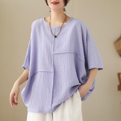 Loose Fit Oversized Baumwoll-Leinen-Bluse Damen O-Ausschnitt Solide Fledermausärmel T-Shirt Damen Sommer Kurzarmblusen