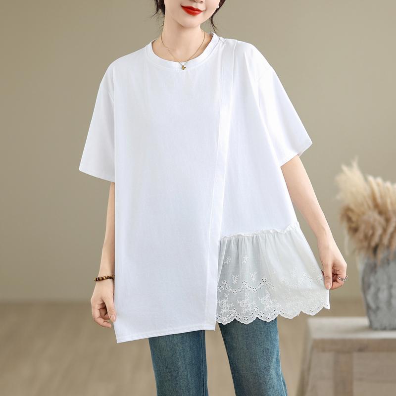 DIMANAF 2025 Summer Plus Size Lace Spliced Oversized T-Shirt Women Loose Tops Tees Casual New Shirt