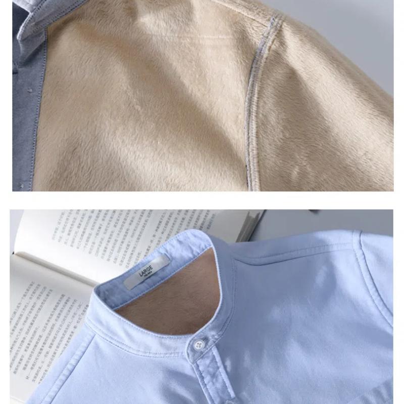 Winter Warme Herrenbekleidung Koreanischer Stil Langarm Oxfordhemden für Herren Täglich Lässig Stehkragen Einfarbig Fleecehemd mit Tasche
