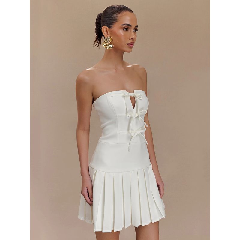 Holiday Princess Meshki Is Extremely Beautiful and Pure. I Want Girlish Style Chest Bows Strapless Dress Slim-Fit Pleated Skirt Dress