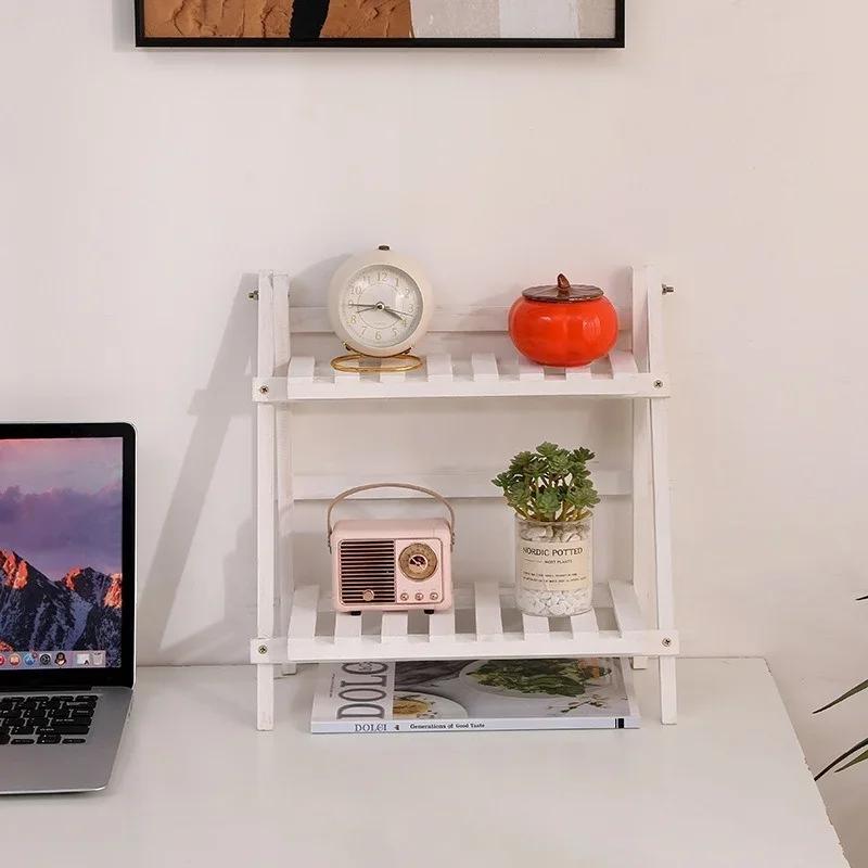 Wooden Desktop Storage Shelf 2-Tiers Foldable Multi-functional Trapezoidal Desk Display Rack Office Storage Rack Flower stand