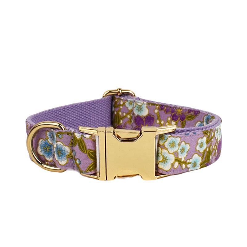 Purple Japanese Floral Dog Collar & Leash with Custom Engraving Option
