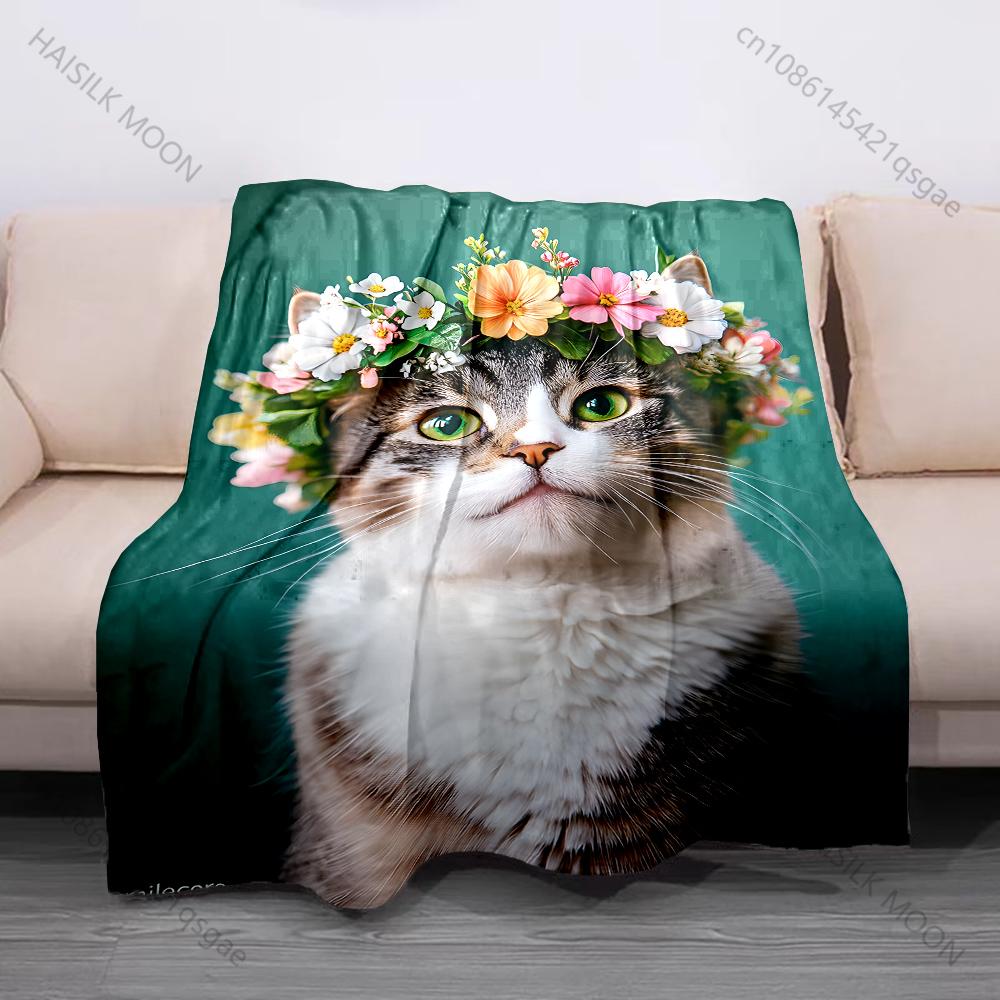 Multiple Sizes Cat Wearing Flower Crown Blanket Suitable for Home Bedroom Sofa Travel Camping Blanket Various Sizes for Gifts