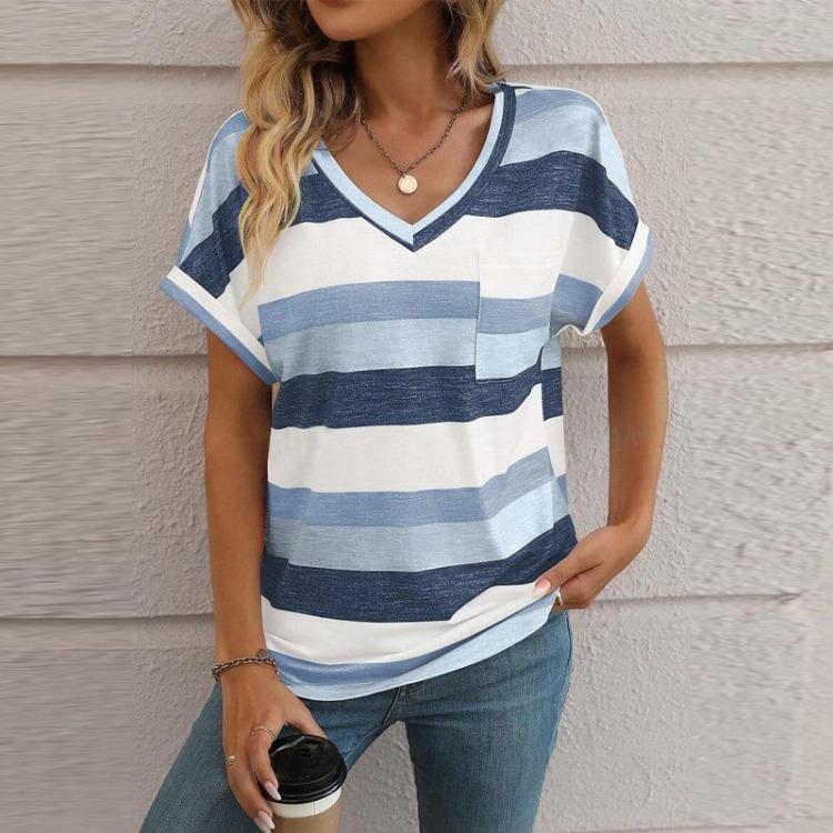 Women Cross Border Fashion T Shirt European American Striped V Neck Bat Sleeve New Spring Summer Collection
