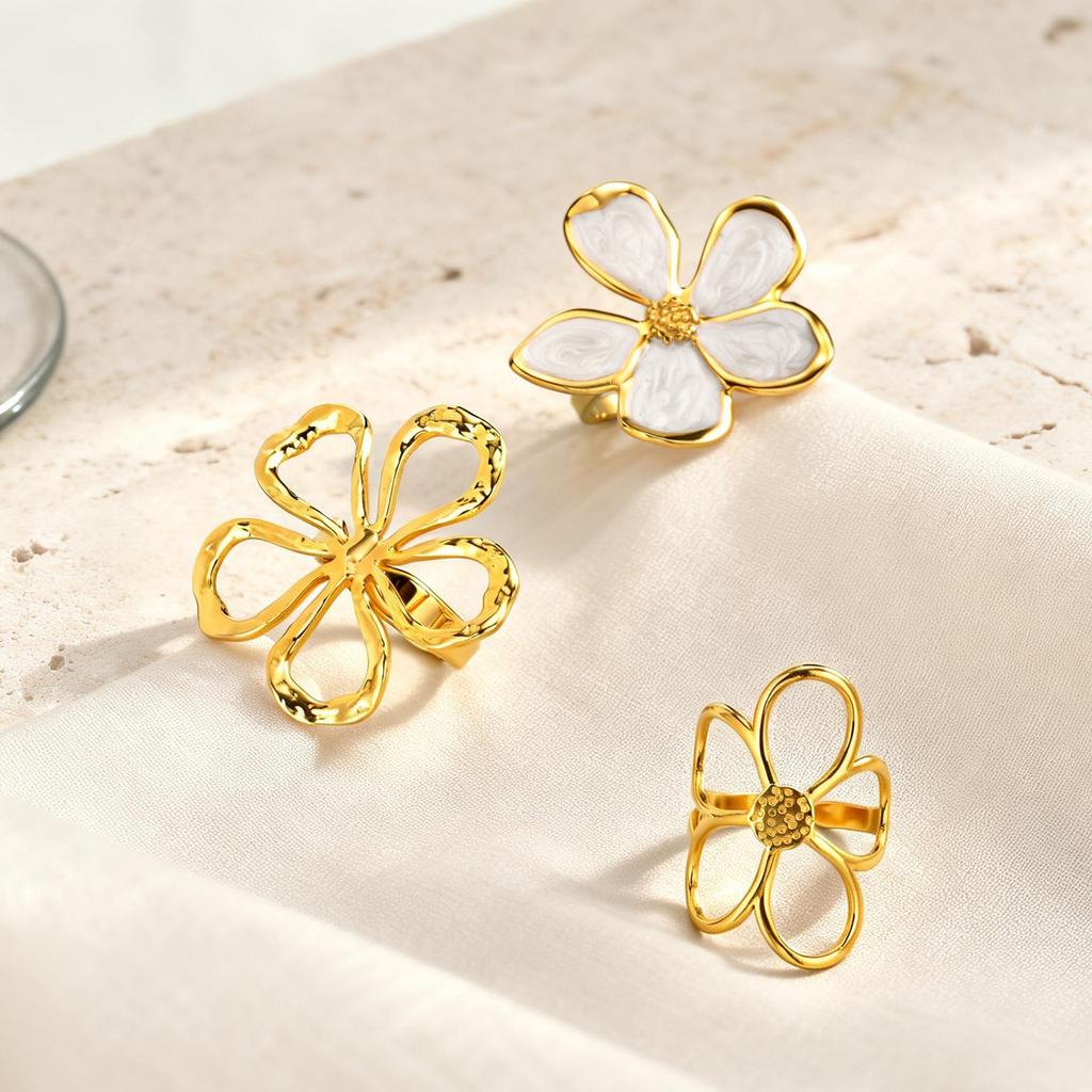 Flower Rings,french Vintage Style 18K Gold Plated Large Hollow Floral Statement Ring Aesthetic Open Brand Jewelry for Women