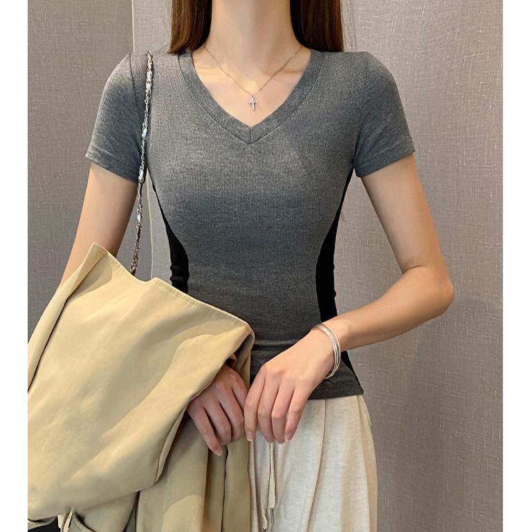Summer Cotton Color Stitching T Shirts Women‘s Simple V-neck Short-sleeve T-shirt Casual Elastic Skinny Y2k Tops Women Clothes