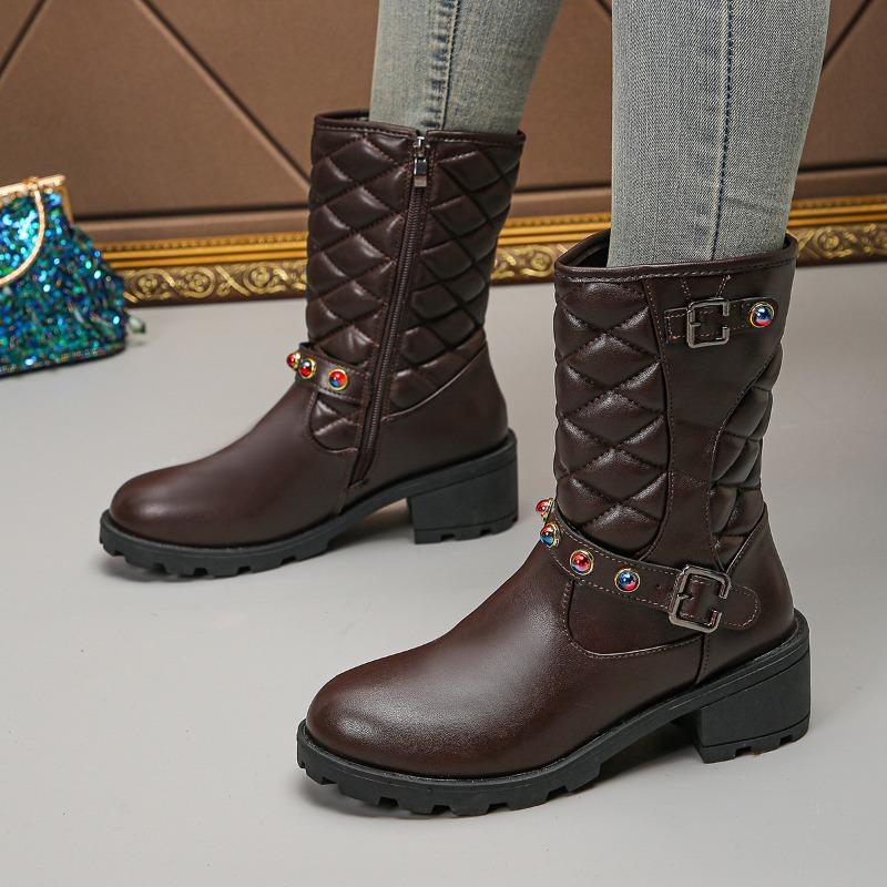 Large Size Women's Leather Boots Autumn and Winter New Retro Plaid Belt Buckle Round Head Thick Heel Medium Boots