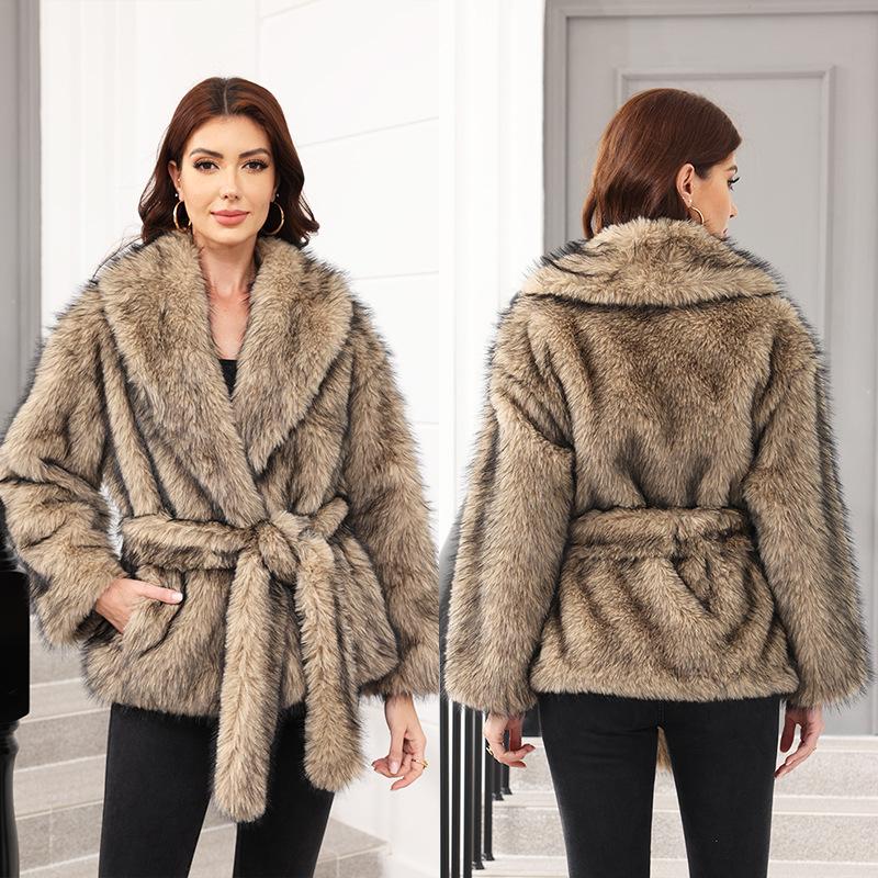 Imitation Fur Belt Belt Medium and Long Jacket Fashion Trend Women's Clothing Warm Thickened Plush Long-sleeved Jacket