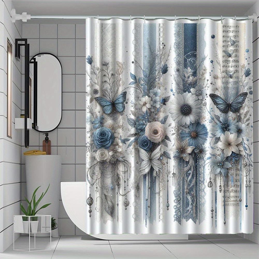 1pc Vintage blue floral and butterfly patterned shower curtain, polyester fabric, with hooks, suitable for bathroom décor.
