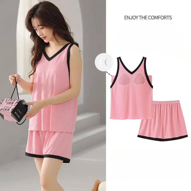 Modal Pajama Set for Women Built-in Padded Bra Top and Shorts 2 Piece Summer Loose Comfortable Home Clothes Sleepwear