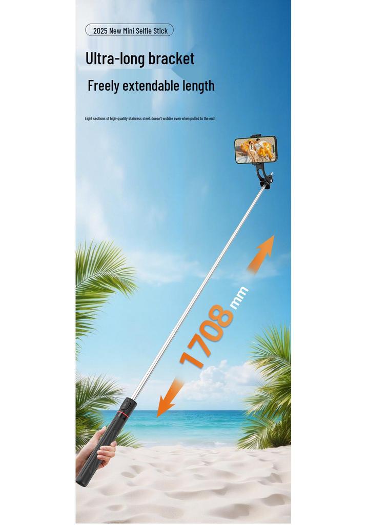 Bluetooth Selfie Stick & Tripod with Fill Light, 1.7m Extendable, Ideal for Outdoor Photography and Live Broadcasts.