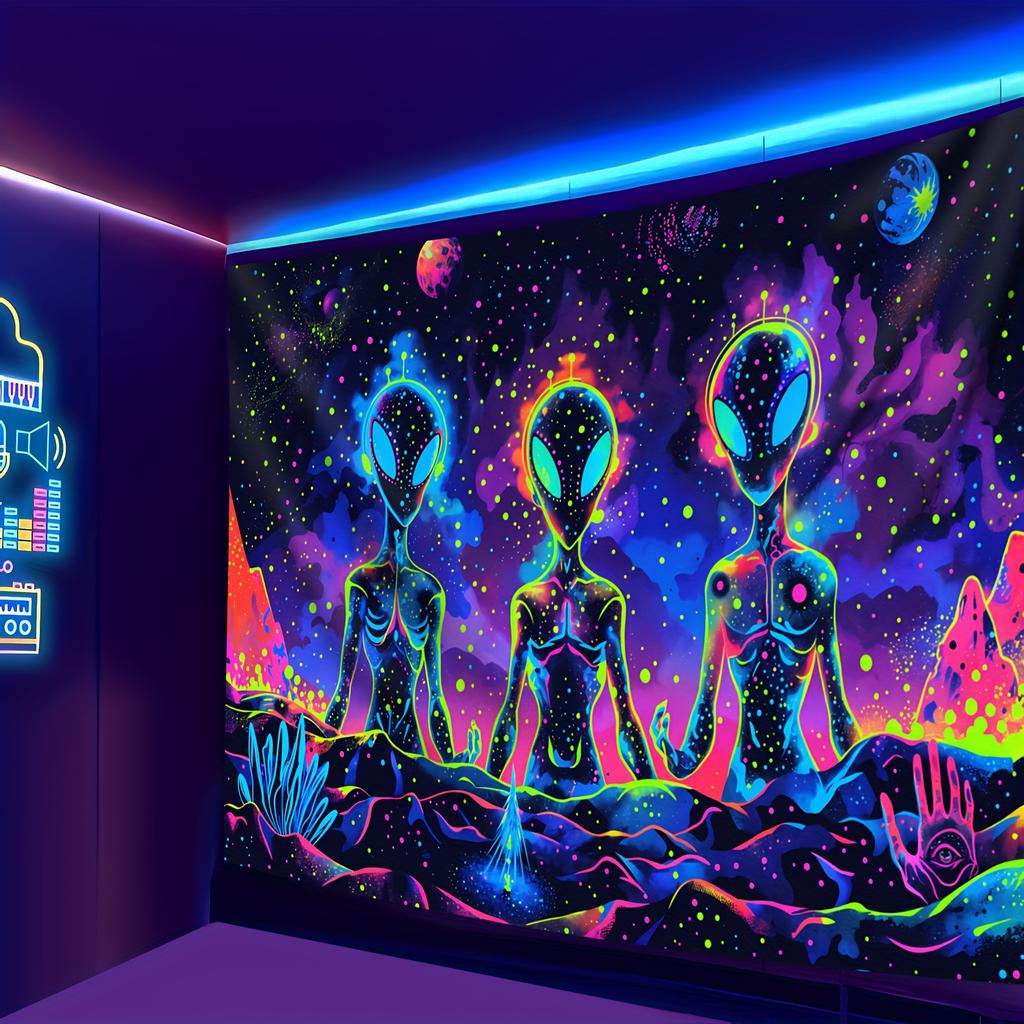 VIKAMA Alien Tapestry BlueEyed Alien Psychedelic Starry Sky Bedroom Party SciFi Decorative Art Wall Background