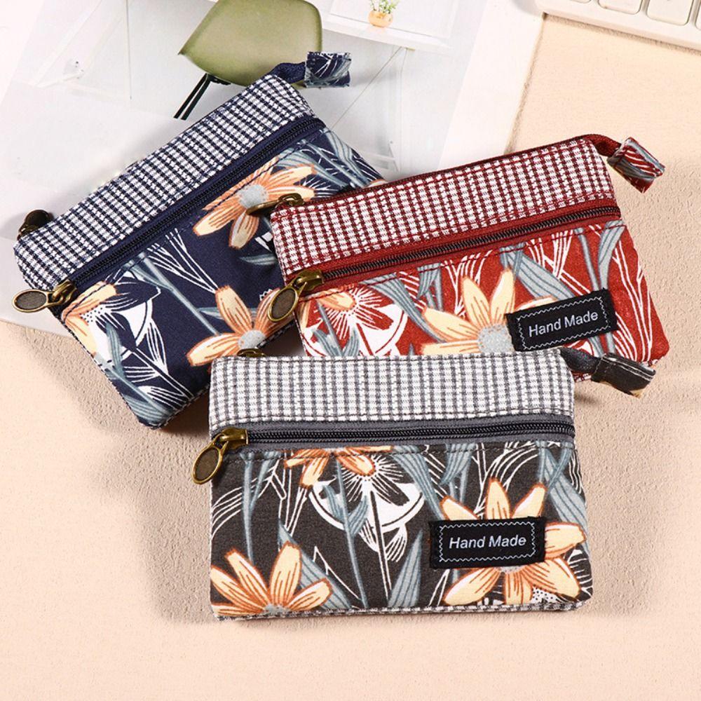 Fashion Printed Fabric Money Bag Double Zipper Ethnic Style Handbag Coin Purse Women Girls